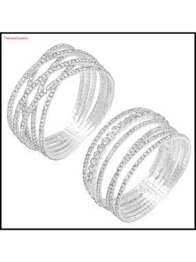 Rhinestone Crystal Cuff Bracelet Set Silver Adjustable Bridal Jewelry